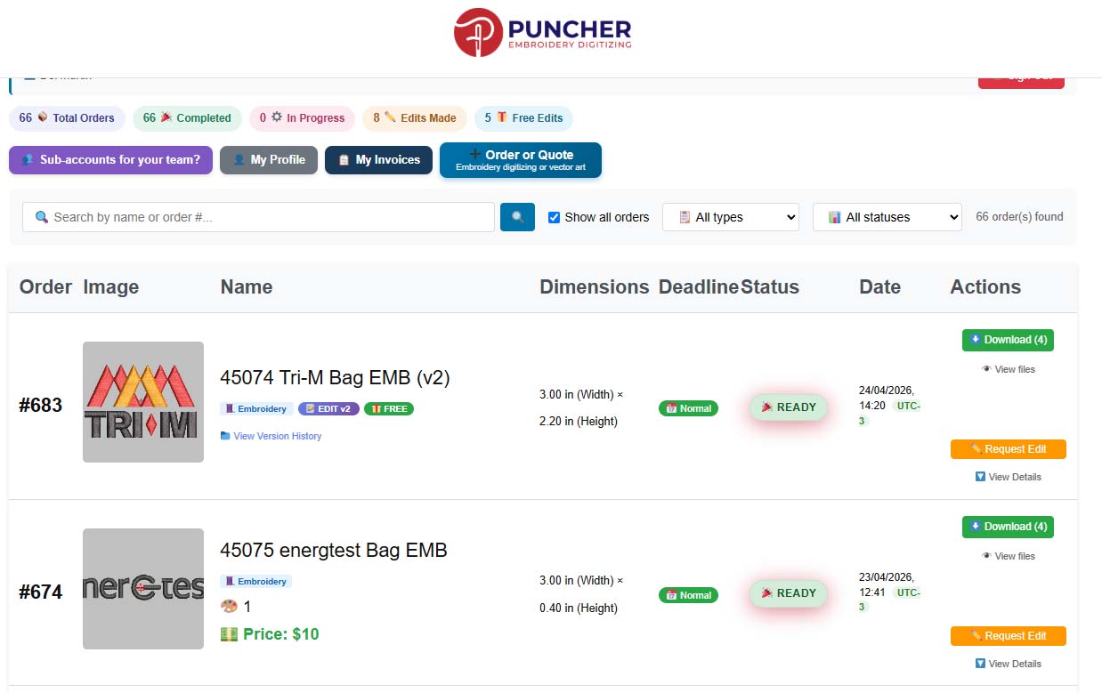 Puncher.com Online-Bestelldashboard — Bestellungen verfolgen, Dateien herunterladen, Korrekturen anfordern